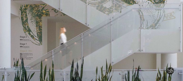 Artistic signage and decoration of the reception hall of a clinic